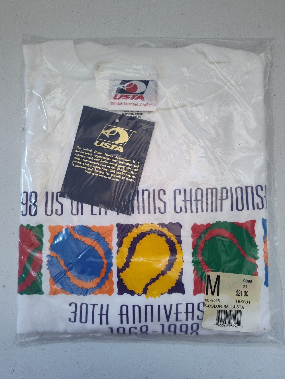 COS White Graphic 30th Anniversary Tennis Tee with Multicolor Ball Motif
